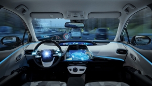 empty cockpit of vehicle, HUD(Head Up Display) and digital speedometer, autonomous car, driverless vehicle